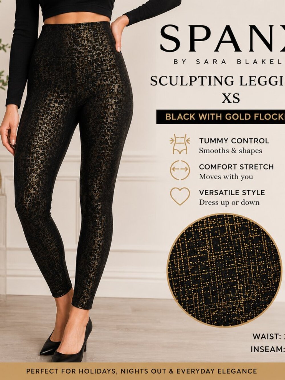 SPANX XS Black Gold Metallic Sculpting Leggings High Rise Tummy Control 24x26